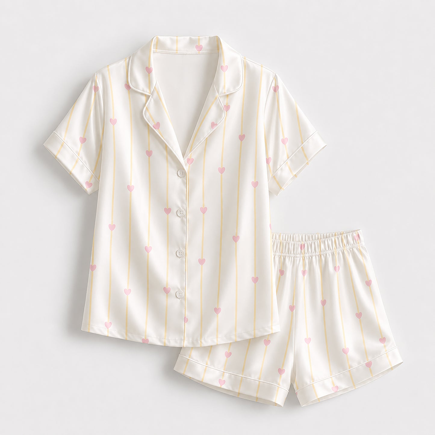 PJ-512- Pink Heart Yellow Stripe White Satin Pajama Set Coquette Sleepwear Button Up Loungewear