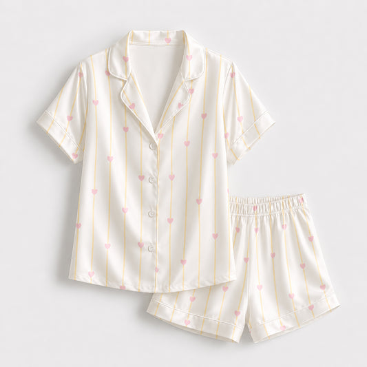 PJ-512- Pink Heart Yellow Stripe White Satin Pajama Set Coquette Sleepwear Button Up Loungewear
