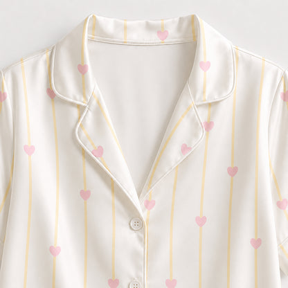 PJ-512- Pink Heart Yellow Stripe White Satin Pajama Set Coquette Sleepwear Button Up Loungewear