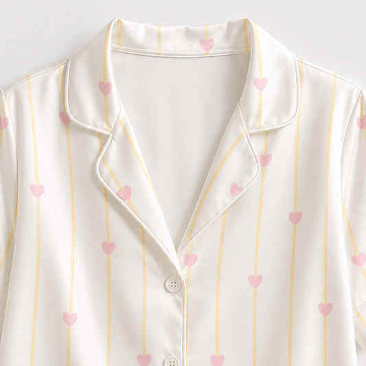 PJ-512- Pink Heart Yellow Stripe White Satin Pajama Set Coquette Sleepwear Button Up Loungewear