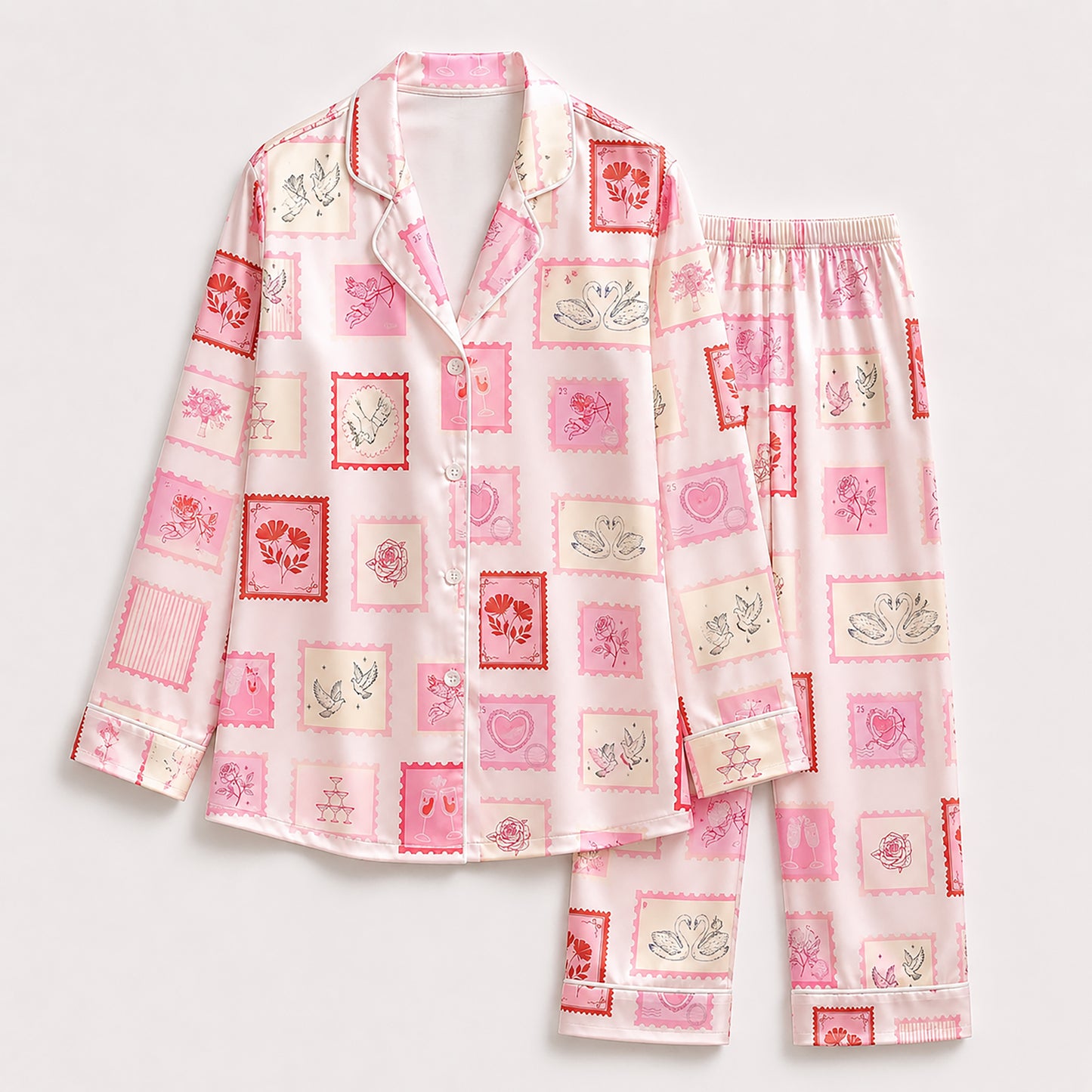 PJ-513-Vintage Stamp Swan Pink Satin Pajama Set Romantic Rose Sleepwear Coquette Loungewear