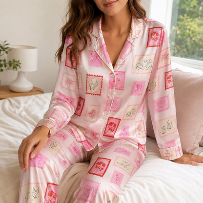 PJ-513-Vintage Stamp Swan Pink Satin Pajama Set Romantic Rose Sleepwear Coquette Loungewear