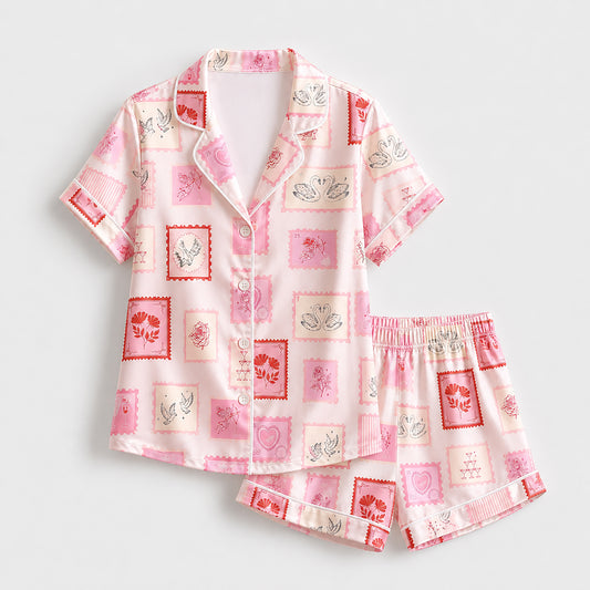 PJ-513-Vintage Stamp Swan Pink Satin Pajama Set Romantic Rose Sleepwear Coquette Loungewear