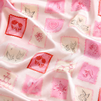 PJ-513-Vintage Stamp Swan Pink Satin Pajama Set Romantic Rose Sleepwear Coquette Loungewear