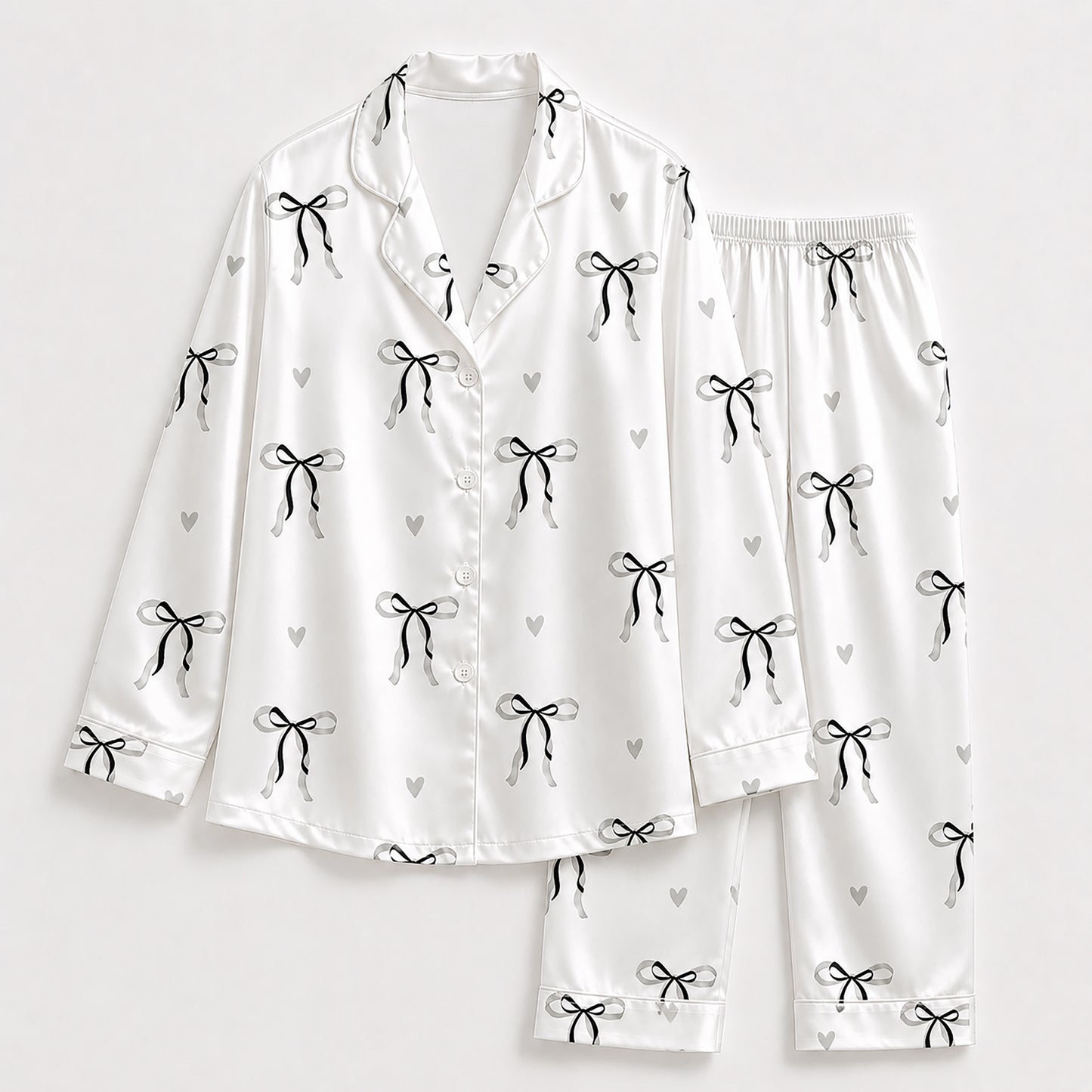 PJ-514-Soft Satin Pajama Set Featuring Ribbon and Bow Graphics, Comfortable Matching Nightwear and Loungewear