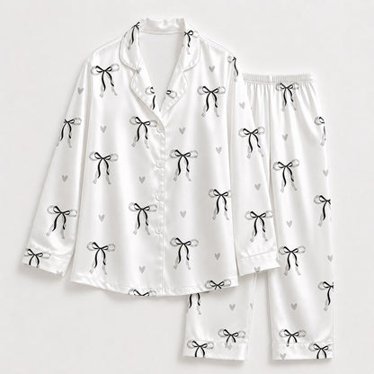 PJ-514-Soft Satin Pajama Set Featuring Ribbon and Bow Graphics, Comfortable Matching Nightwear and Loungewear