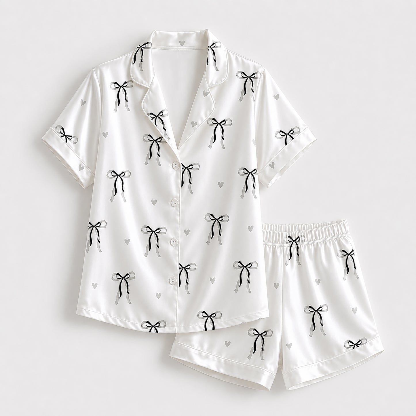 PJ-514-Soft Satin Pajama Set Featuring Ribbon and Bow Graphics, Comfortable Matching Nightwear and Loungewear