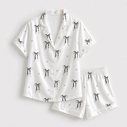 PJ-514-Soft Satin Pajama Set Featuring Ribbon and Bow Graphics, Comfortable Matching Nightwear and Loungewear
