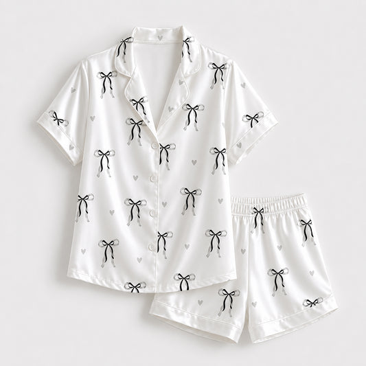 PJ-514-Soft Satin Pajama Set Featuring Ribbon and Bow Graphics, Comfortable Matching Nightwear and Loungewear