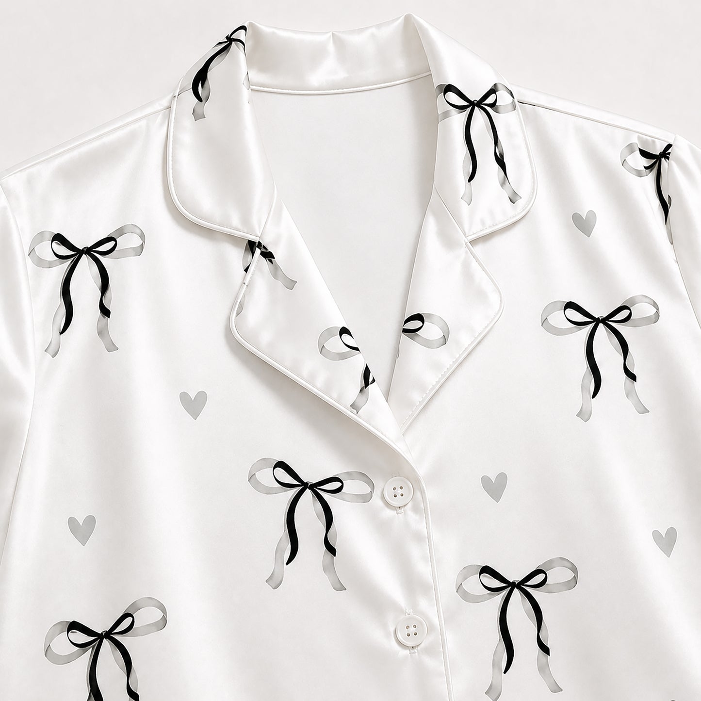 PJ-514-Soft Satin Pajama Set Featuring Ribbon and Bow Graphics, Comfortable Matching Nightwear and Loungewear