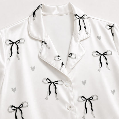 PJ-514-Soft Satin Pajama Set Featuring Ribbon and Bow Graphics, Comfortable Matching Nightwear and Loungewear