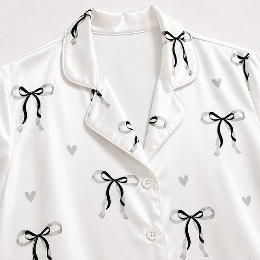 PJ-514-Soft Satin Pajama Set Featuring Ribbon and Bow Graphics, Comfortable Matching Nightwear and Loungewear