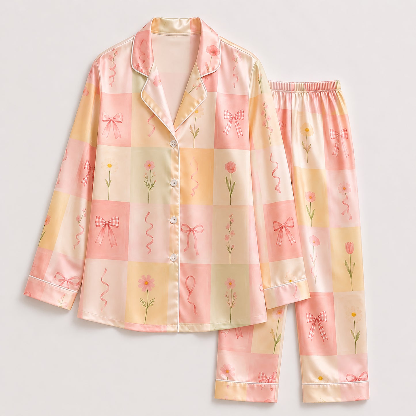 PJ-515-Pastel Checkered Floral Bow Satin Pajama Set Ribbon Coquette Sleepwear Cottagecore Loungewear