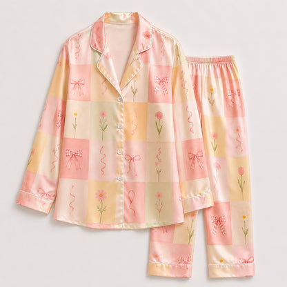 PJ-515-Pastel Checkered Floral Bow Satin Pajama Set Ribbon Coquette Sleepwear Cottagecore Loungewear