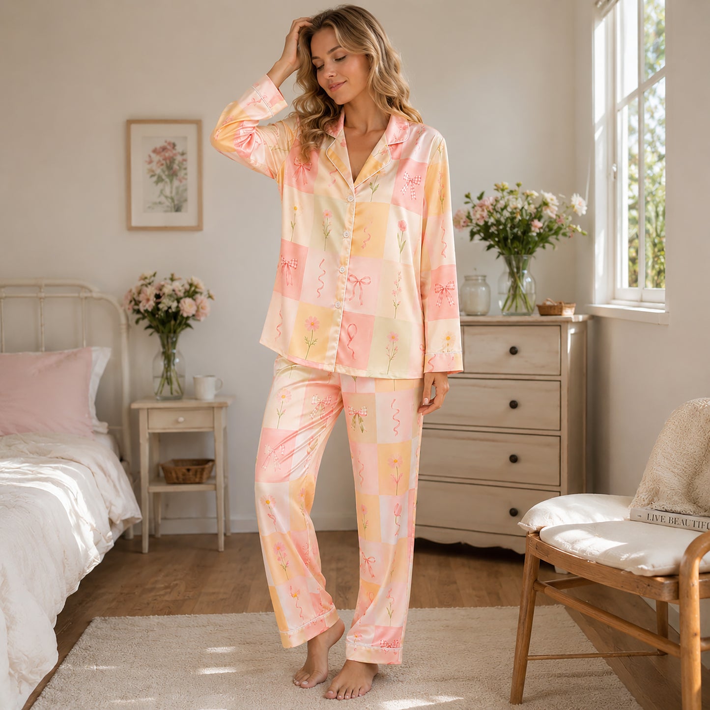 PJ-515-Pastel Checkered Floral Bow Satin Pajama Set Ribbon Coquette Sleepwear Cottagecore Loungewear