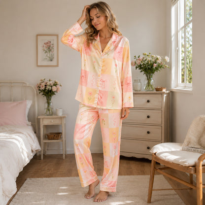 PJ-515-Pastel Checkered Floral Bow Satin Pajama Set Ribbon Coquette Sleepwear Cottagecore Loungewear