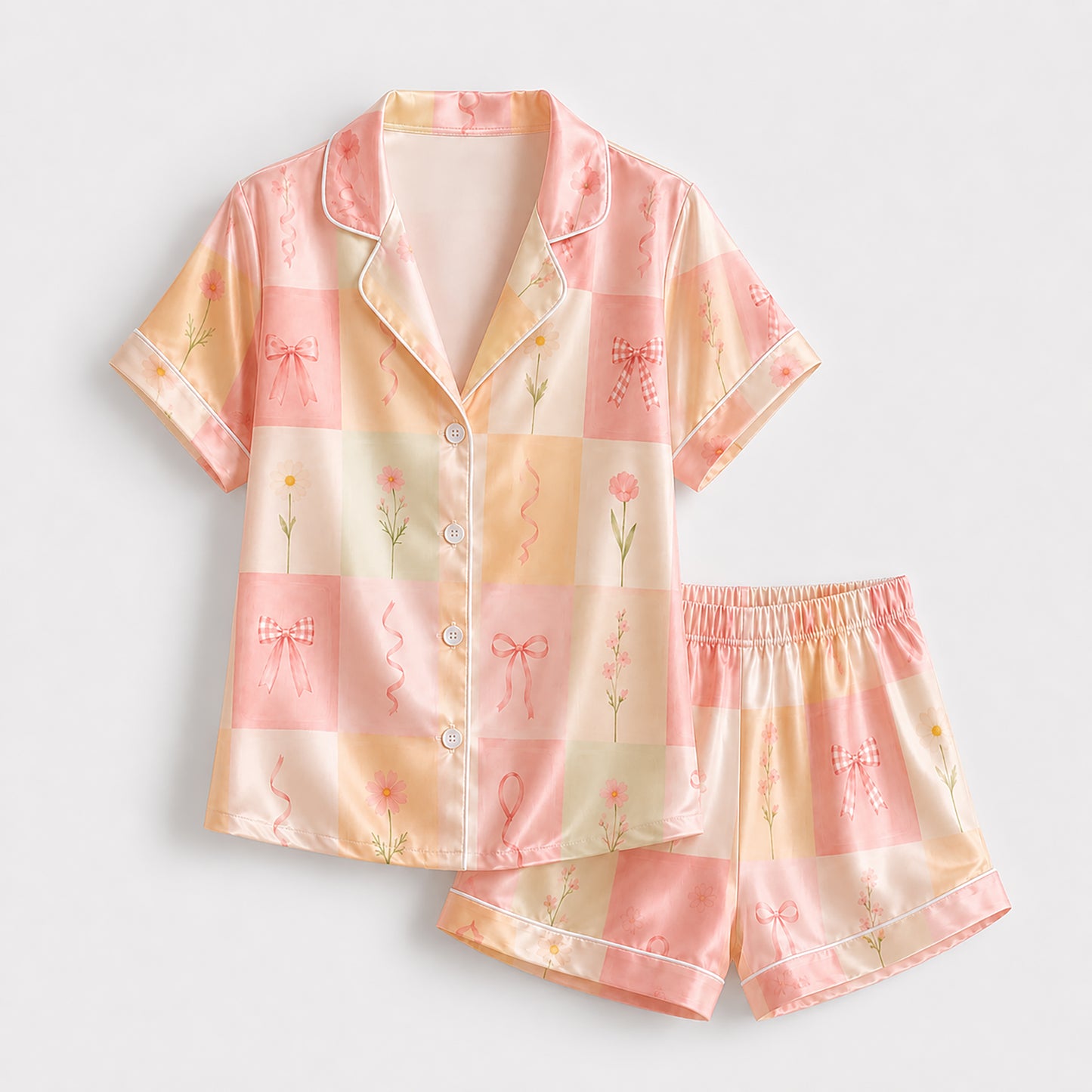 PJ-515-Pastel Checkered Floral Bow Satin Pajama Set Ribbon Coquette Sleepwear Cottagecore Loungewear