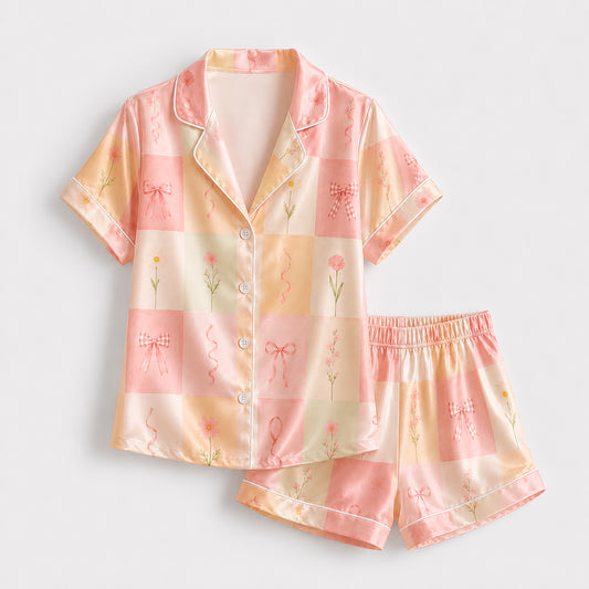 PJ-515-Pastel Checkered Floral Bow Satin Pajama Set Ribbon Coquette Sleepwear Cottagecore Loungewear