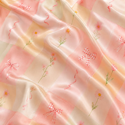 PJ-515-Pastel Checkered Floral Bow Satin Pajama Set Ribbon Coquette Sleepwear Cottagecore Loungewear