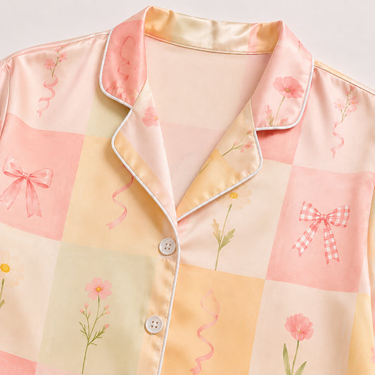 PJ-515-Pastel Checkered Floral Bow Satin Pajama Set Ribbon Coquette Sleepwear Cottagecore Loungewear