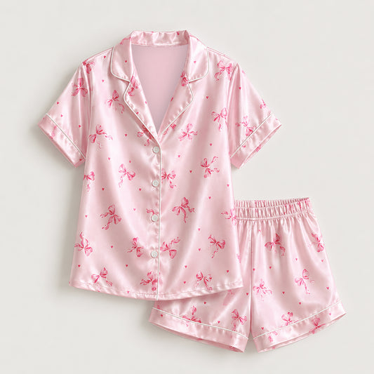 PJ-516-Ribbon and Bow Pattern Pajama Set, Silky Satin Sleepwear with Coordinated Button-Up Lounge Outfit