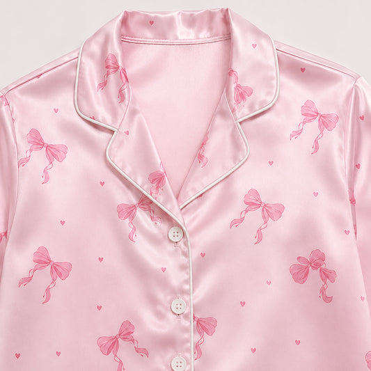 PJ-516-Ribbon and Bow Pattern Pajama Set, Silky Satin Sleepwear with Coordinated Button-Up Lounge Outfit