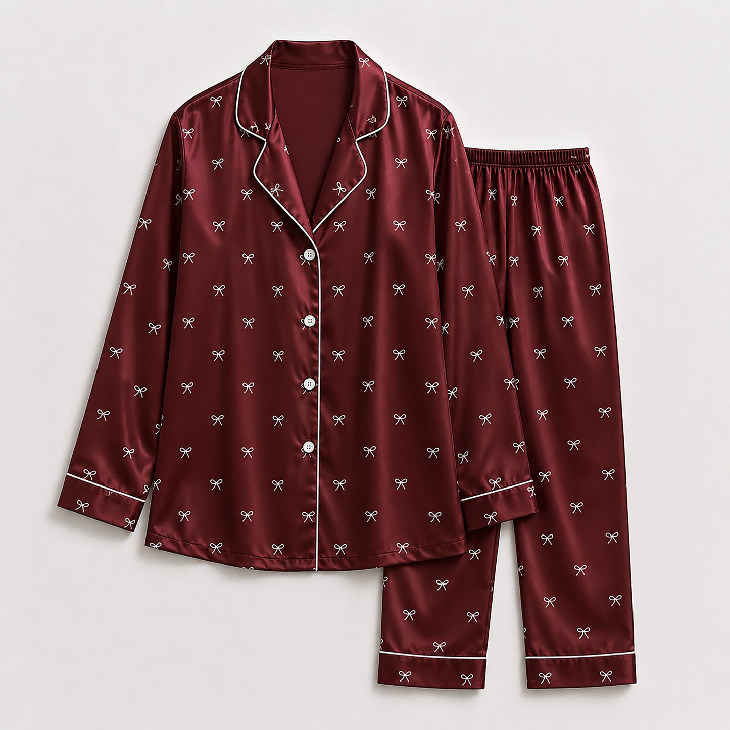 PJ-517-Matching Satin Pajama Set with Ribbon and Bow Design, Lightweight Sleepwear for Home and Travel
