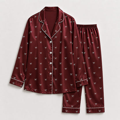PJ-517-Matching Satin Pajama Set with Ribbon and Bow Design, Lightweight Sleepwear for Home and Travel