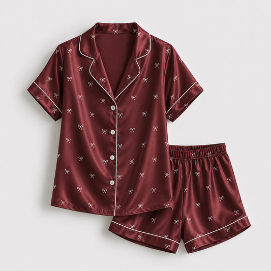 PJ-517-Matching Satin Pajama Set with Ribbon and Bow Design, Lightweight Sleepwear for Home and Travel