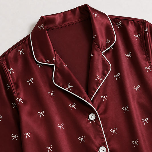 PJ-517-Matching Satin Pajama Set with Ribbon and Bow Design, Lightweight Sleepwear for Home and Travel