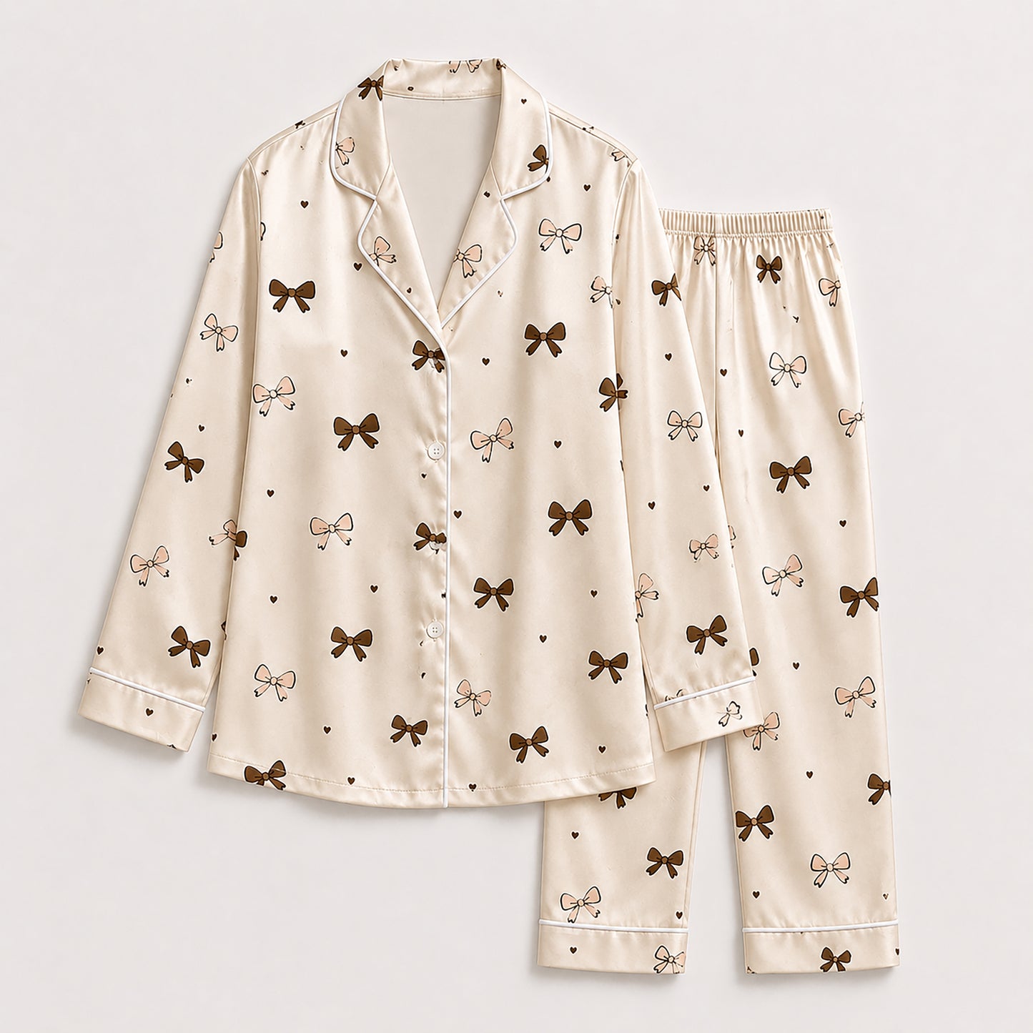 PJ-518-Ribbon and Bow Pattern Satin Pajama Set, Soft Button-Up Sleepwear with Coordinated Lounge Pants