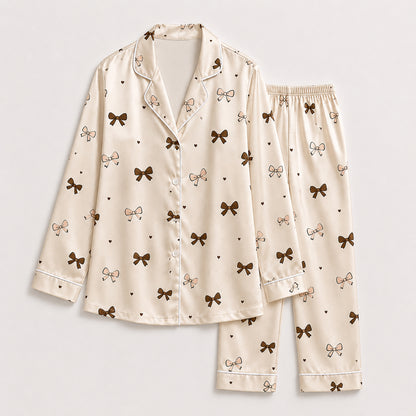PJ-518-Ribbon and Bow Pattern Satin Pajama Set, Soft Button-Up Sleepwear with Coordinated Lounge Pants