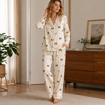 PJ-518-Ribbon and Bow Pattern Satin Pajama Set, Soft Button-Up Sleepwear with Coordinated Lounge Pants