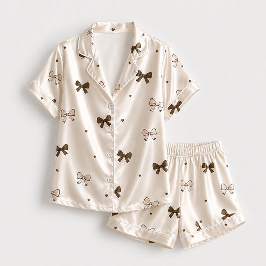PJ-518-Ribbon and Bow Pattern Satin Pajama Set, Soft Button-Up Sleepwear with Coordinated Lounge Pants