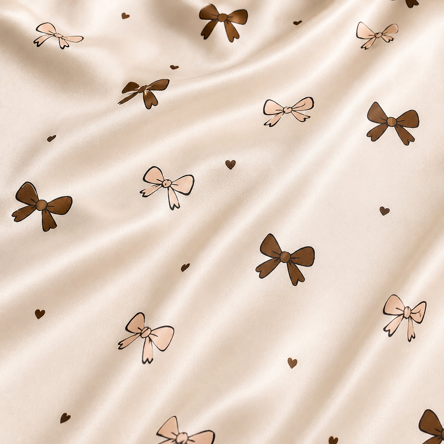 PJ-518-Ribbon and Bow Pattern Satin Pajama Set, Soft Button-Up Sleepwear with Coordinated Lounge Pants