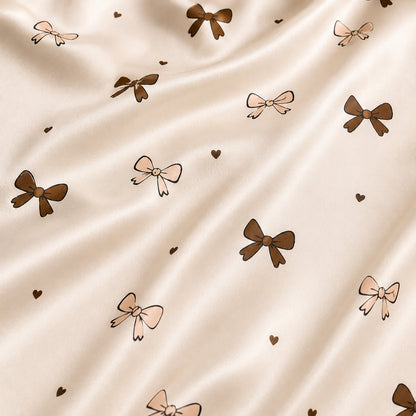 PJ-518-Ribbon and Bow Pattern Satin Pajama Set, Soft Button-Up Sleepwear with Coordinated Lounge Pants