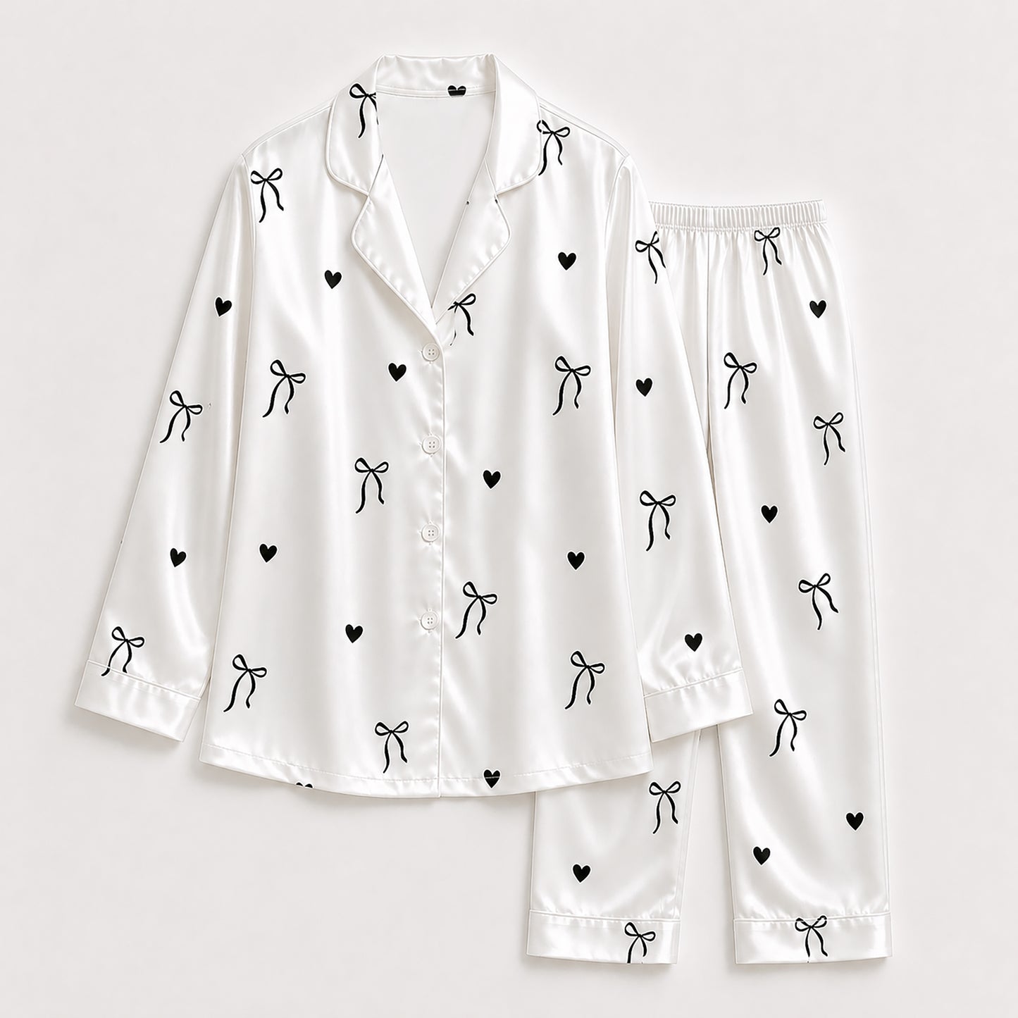 PJ-519-Luxury Satin Pajama Set with Ribbon and Bow Motif, Comfortable Matching Loungewear and Nightwear