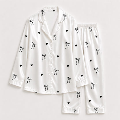 PJ-519-Luxury Satin Pajama Set with Ribbon and Bow Motif, Comfortable Matching Loungewear and Nightwear