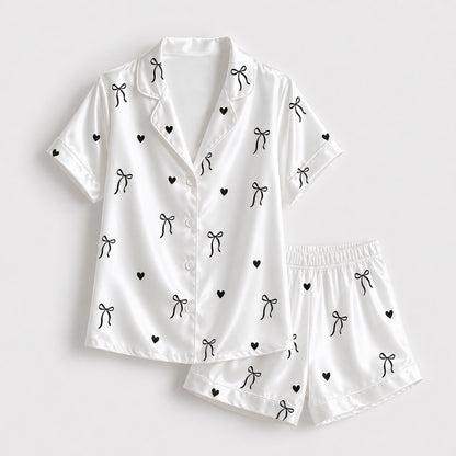 PJ-519-Luxury Satin Pajama Set with Ribbon and Bow Motif, Comfortable Matching Loungewear and Nightwear