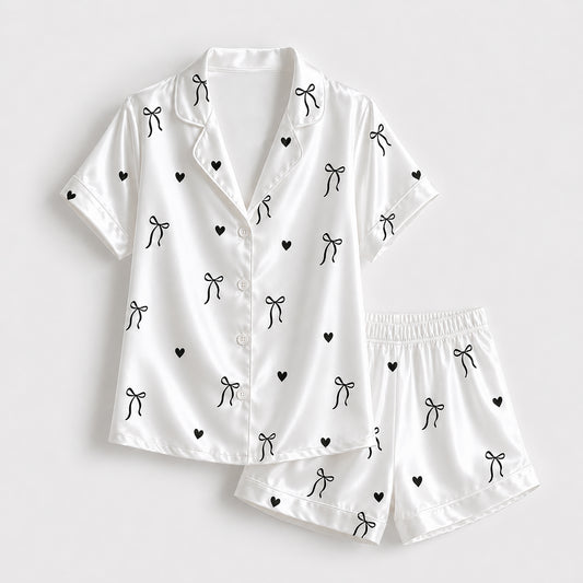 PJ-519-Luxury Satin Pajama Set with Ribbon and Bow Motif, Comfortable Matching Loungewear and Nightwear
