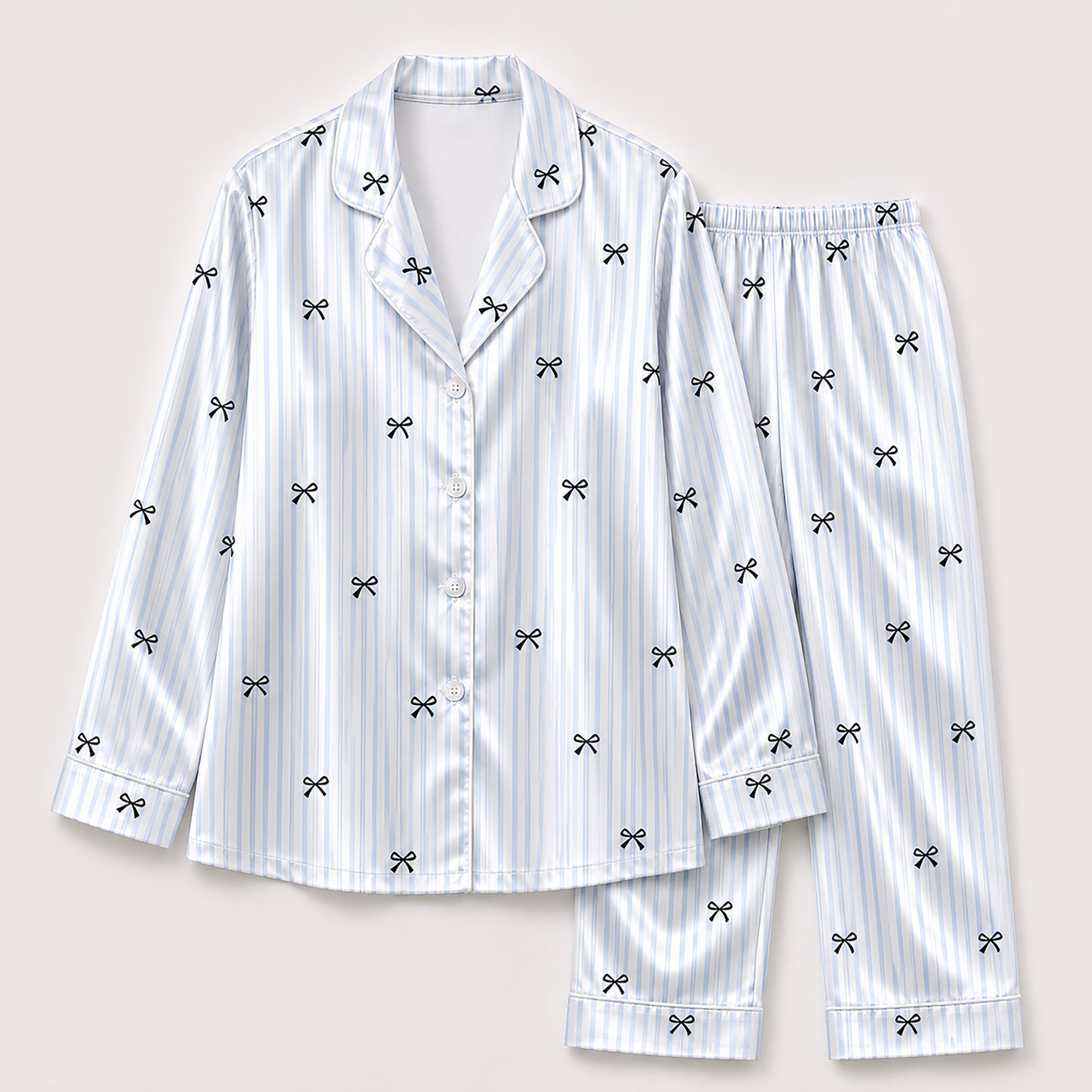 PJ-520-Ribbon & Bow Print Satin Pajama Set, Matching Sleepwear and Cozy Loungewear for Everyday Comfort