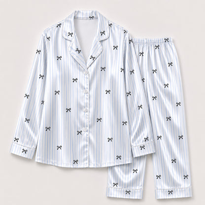 PJ-520-Ribbon & Bow Print Satin Pajama Set, Matching Sleepwear and Cozy Loungewear for Everyday Comfort