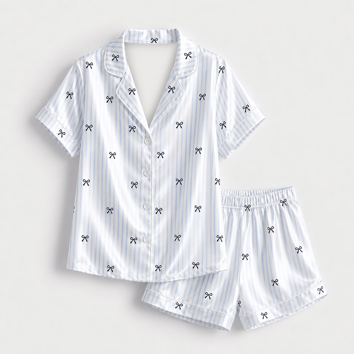 PJ-520-Ribbon & Bow Print Satin Pajama Set, Matching Sleepwear and Cozy Loungewear for Everyday Comfort