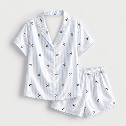 PJ-520-Ribbon & Bow Print Satin Pajama Set, Matching Sleepwear and Cozy Loungewear for Everyday Comfort