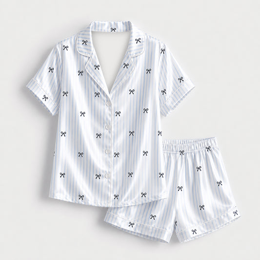 PJ-520-Ribbon & Bow Print Satin Pajama Set, Matching Sleepwear and Cozy Loungewear for Everyday Comfort