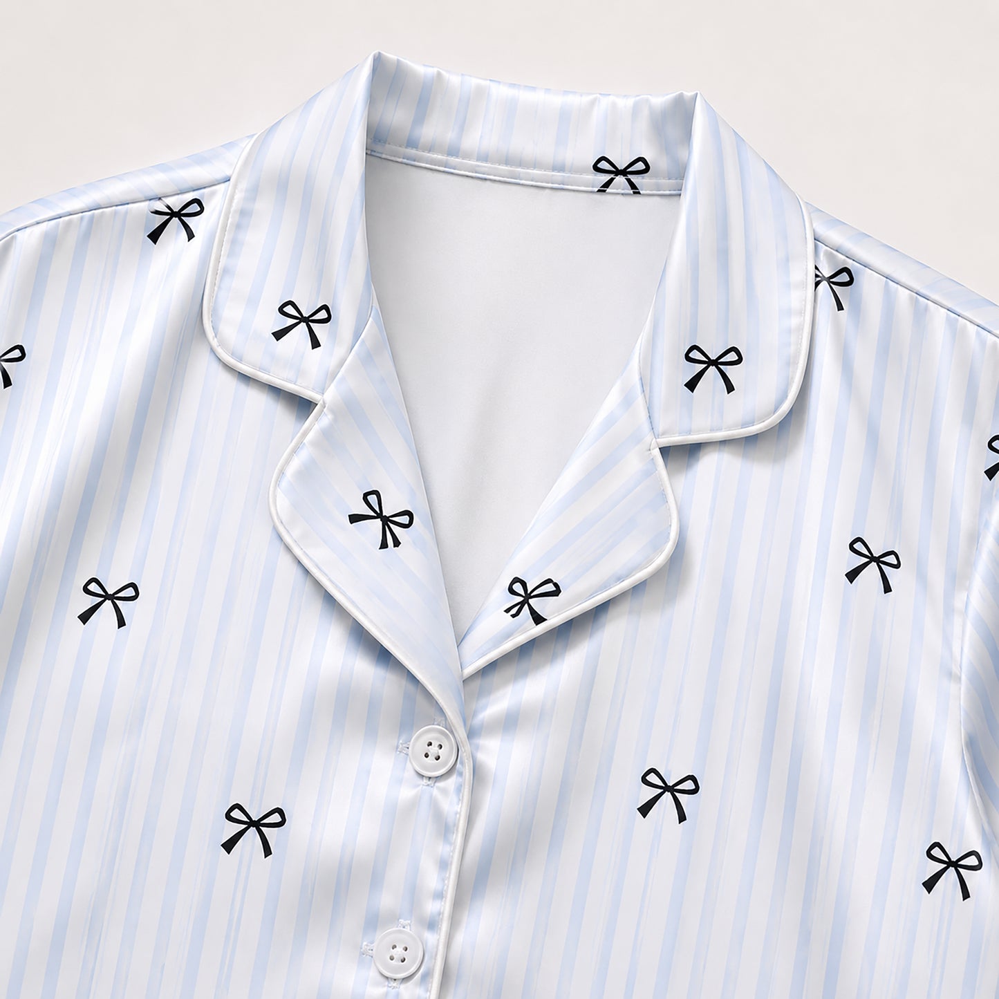 PJ-520-Ribbon & Bow Print Satin Pajama Set, Matching Sleepwear and Cozy Loungewear for Everyday Comfort