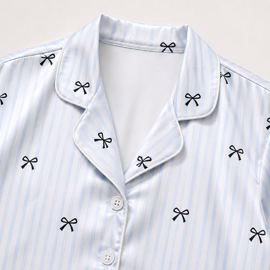 PJ-520-Ribbon & Bow Print Satin Pajama Set, Matching Sleepwear and Cozy Loungewear for Everyday Comfort