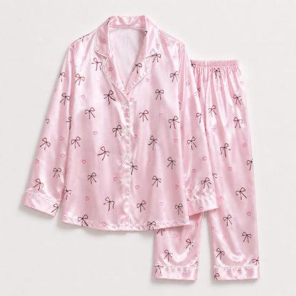 PJ-521-Pink Awareness Ribbon and Bow Print Sleepwear Ensemble Featuring a Matching Pajama Shirt and Comfortable Lounge Bottoms
