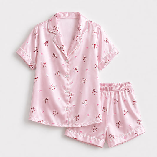 PJ-521-Pink Awareness Ribbon and Bow Print Sleepwear Ensemble Featuring a Matching Pajama Shirt and Comfortable Lounge Bottoms