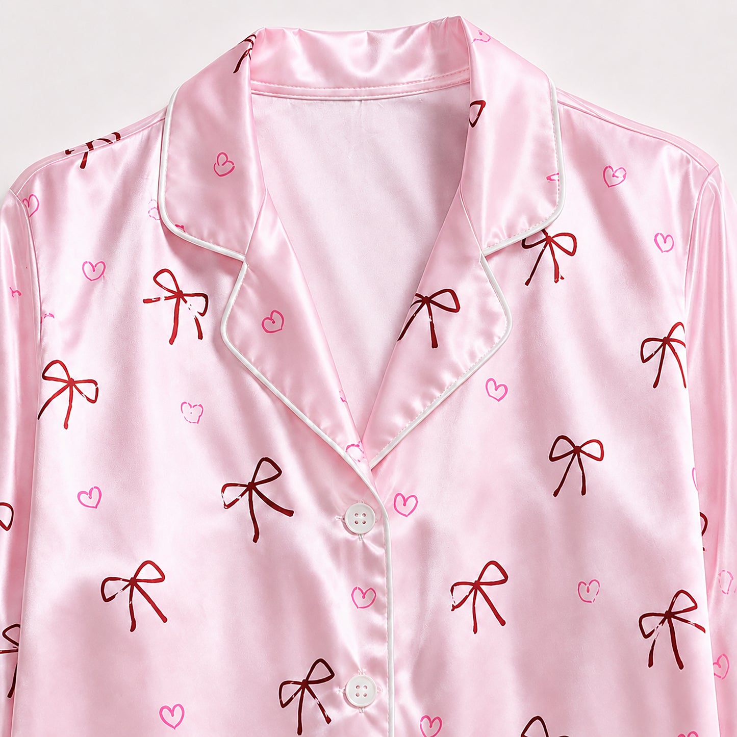 PJ-521-Pink Awareness Ribbon and Bow Print Sleepwear Ensemble Featuring a Matching Pajama Shirt and Comfortable Lounge Bottoms